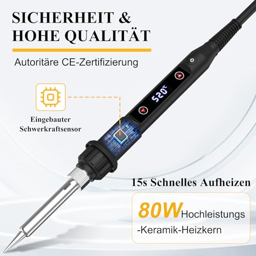 Lötkolben Set 80W LED Temperatur Einstellbar 180~520°C Lötkolben mit Schalter, 15 Sek. Schnelles Aufheizen, 50g Bleifreier Lötdraht, 5 Lötspitzen, Entlötpumpe, Lötkolbenständer, Pinzette, Lötset
