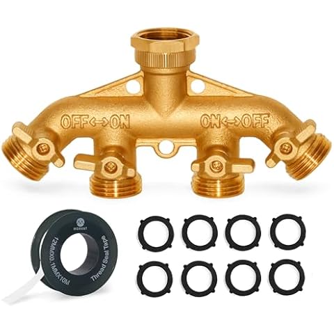 Morvat New & Improved Heavy Duty Brass 4 Way Splitter, Garden Hose Manifold Connector with Comfort Grip ON/OFF Valves, Adapter for Water Faucet & Spigot, Includes Washers, Teflon Tape Cover