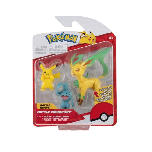 Pokemon Pkw0178 3 Pack-Features 2 Pikachu, Wynaut & 3-Inch Leafeon Battle Figures-Authentic Details, Multi #TOP5