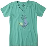 Life is good Women's Crusher Vee Engraved Anchor T-Shirt (Teal Blue)