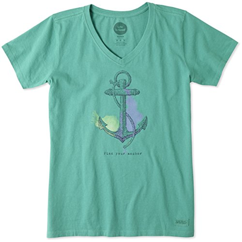 Life is good Women's Crusher Vee Engraved Anchor T-Shirt (Teal Blue)