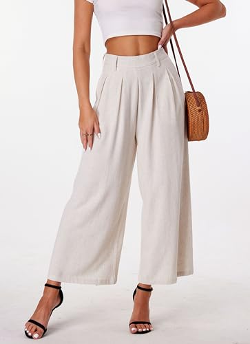 heipeiwa Women' s Culottes Linen Pants Summer Vacation Beach Capris Crop Casual Wide Leg Palazzo Pants3