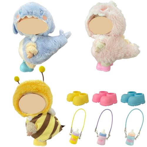 Ezcora 3PCS Animal Costume Compatible with 17cm Labubu Dolls, Include Blue Shark, Pink Dinosaur and Yellow Bee Clothes with Shoes and Mini Bags, Cute Dress Up Accessories for Plush (No Dolls)