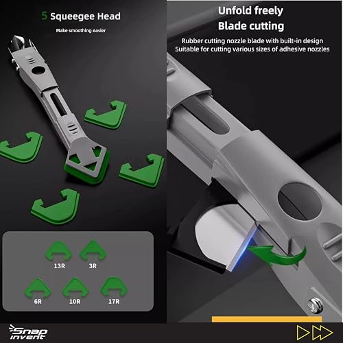 Caulking Silicone Smother Remover Tool, 7-in-1 kit Scraper, Silicone Smoother, Rubber Shovel, 5 Pads, Sickle, 4 Blades. Stainless Steel Nozzle applicator, Tile Grout Removal Set I Green - Thumbnail 6
