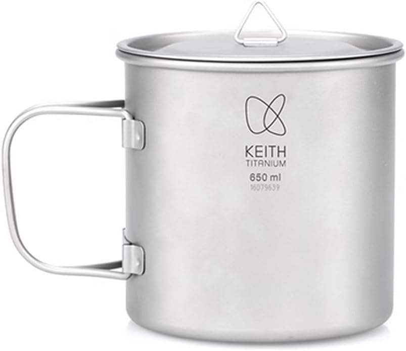 KEITH Titanium Mug Camping Pot Outdoor Coffee Tea Cup with Lid & Foldable Handle 200ml/300ml/400ml/450ml/500ml/600ml/900ml Lightweight Cookware Backpacking Picnic Drinkware (650ml Ti3208)