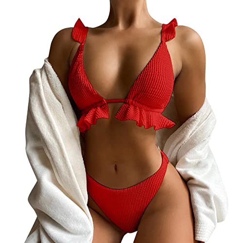 Lnmuld Sexy Swimsuit For Women Women's Bikini Set Solid Color Sexy Triangle Swimsuit Lace Up Two Piece Bathing Suit Red #TOP28