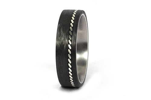Women's titanium and carbon fiber with silver strand ring. Black wedding band. Water resistant, very durable and hypoallergenic. (01601_6N)