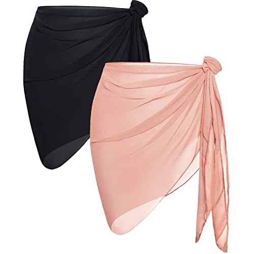 2 Pieces Sarong Cover Ups for Women Beach Bathing Suit Wrap Sheer Short Skirt Bikini Chiffon Scarf for Swimwear (Black Orange Pink