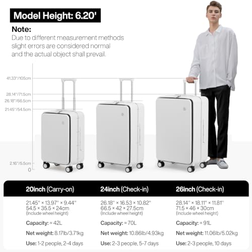 mixi Bagage à main de 20 pouces 22x14x9 Valise à coque rigide en PC approuvée par les compagnies aériennes Valise de voyage avec cadre en aluminium à ouverture sur le dessus avec roulettes, Blanc fumé – Image 6