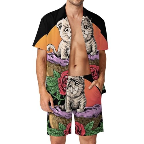 Chemise Hawaïenne Hommes Ensemble Short Pantalon de Plage Été Chaton Adorable