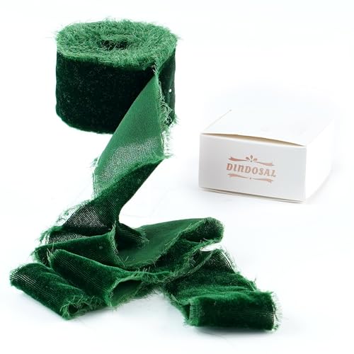 DINDOSAL Green Frayed Velvet Ribbon 1.5 Inch x 3 Yards
