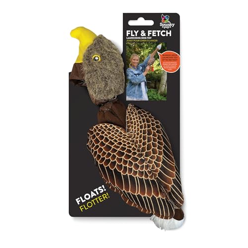 Spunky pup Fly & Fetch Plush Eagle Dog Toy | Interactive 100 ft Sling Shot Launcher with Built-In Bungee | Pull Back & Release | Durable Construction | Ballistic Fabric | Floats | For Medium Breeds