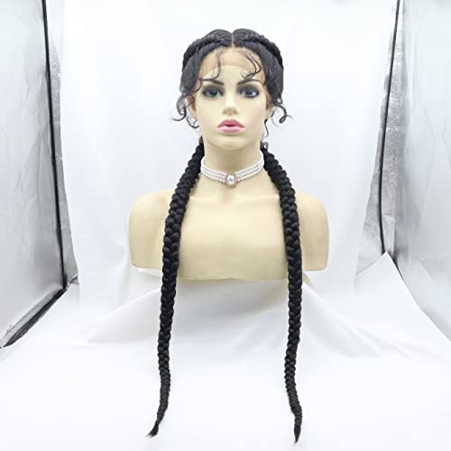 xiweiya Extra Long 1B# Black Braided Wig 100% Hand Made Twisted Braid Wig 360 Swiss Lace Front Wig Black Dutch Braids with Baby Hairs Cornrow Wig Afro Wig for Women 36 inch - Image 2