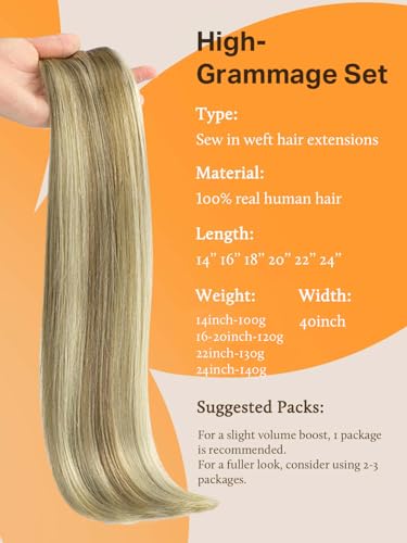 Image of DOORES Sew in Hair Extensions, 20 Inch 120g Light Brown Highlighted Medium Blonde, Invisible Straight Hair Extensions