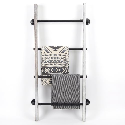 MyGift Whitewashed Wood Blanket Ladder, Metal Pipe Towel Rack
