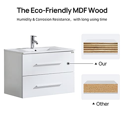 Walsport Bathroom Vanity And Sink Combo 32'' Wall Mounted Cabinet Basin Vessel Sink Faucet Combo Set, White Two Drawers Modern #TOP5