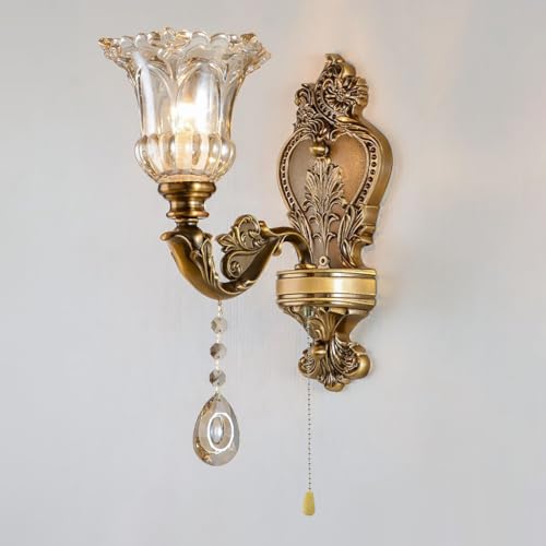 Image of Vintage Wall Sconce Set of 2, Antique Brass Wall Light with Pull Chain On /Off Switch, Elegant Wall Mounted Lamp with Crystal Bedside Wall Lamp for Entrance, Bedroom, Hallway