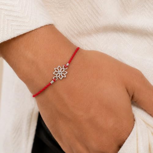 Image of AIRA 925 Sterling Silver Premium Designer Bracelet Rakhi for Brother | Handmade Raksha Bandhan Sacred Thread with Silver-Tone Geometric Charm & Adjustable Red Braided Cord | Traditional Festival Rakhi Gift