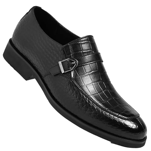 Men's Classic Leather Printed Chunky Heel Loafers with Metal Buckle Casual Round Toe Slip-On Comfort Soft Sole Formal Dress Shoes for Party Wedding Business Daily