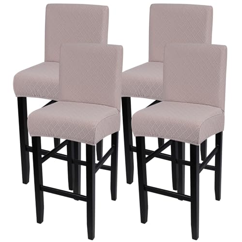 Image of SearchI Bar Stool Covers Set of 4, Stretch Barstool Seat Covers, Counter Height Chair Covers for Kitchen Dining Room Cafe (Check Jaquard Khaki)