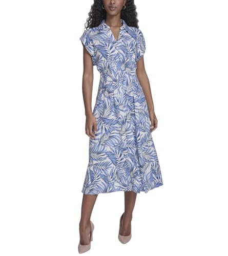 Image of Tommy Hilfiger Women's Cap Sleeve Collared Waist Pleating A-Line Midi Shirt Dress