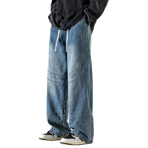 Mens Straight Leg Jeans Mens Jeans Relaxed Fit Elastic Waist Drawstring Denim Skate Pants Hip Hop Loose Fit Streetwear - Main Image
