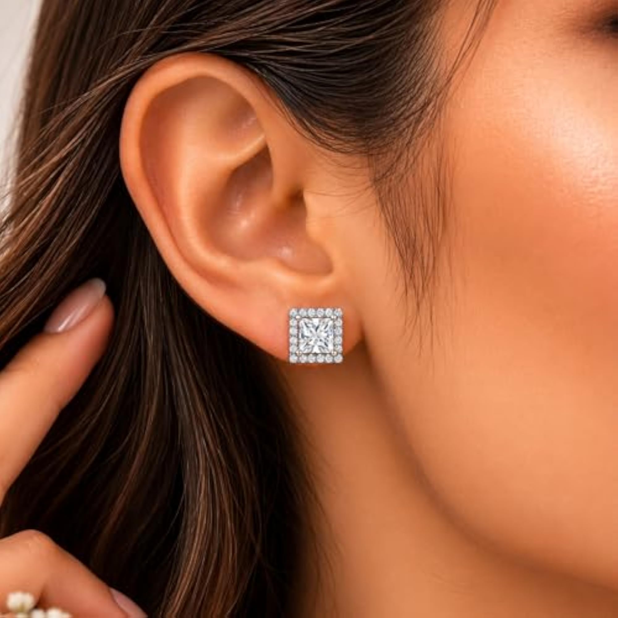 Women's 925 Sterling Silver Princess Cut Halo Stud Earrings