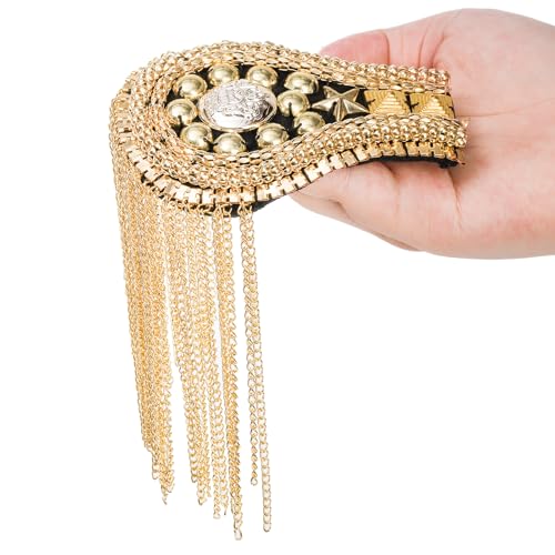 4 Pieces Tassel Shoulder Epaulettes, Metal Gold Fringe Shoulder Pads with Pins, Shoulder Boards Badge Beads Punk Fringe Epaulet for Jacket, Suit, Uniform Accessories4