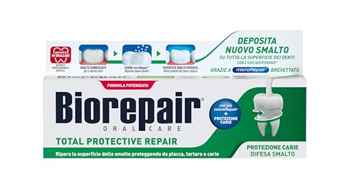 Biorepair, Dentifricio Total Protective Repair, 12 Confezioni da 75 ml, Ripara lo Smalto, Protegge da Placca, Tartaro e Carie, Ripara lo Smalto, Mantiene l'Alito Fresco, Dentifricio Senza Fluoro