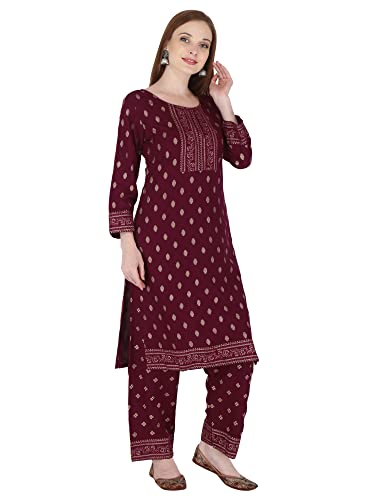 Image of Women's Rayon Printed Kurta with Palazzo Set (Large, Wine Palazzo Set)