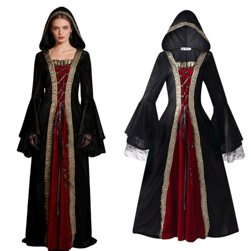 AGCOAH Women Medieval Renaissance Hooded Dress Adult Black Red Vintage Lace Trumpet Sleeves Witch Costume Halloween Victorian Cosplay XL