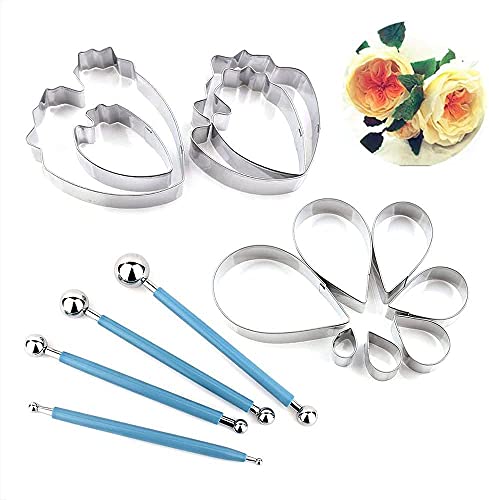 Asayu 7 Pcs Rose Petal Cutter and 4 Pcs Herbaceous Peony Cutter, 4 Pcs Metal Ball Fondant Cake Decorating Sugarcraft Gumpaste Flower Modelling Mold