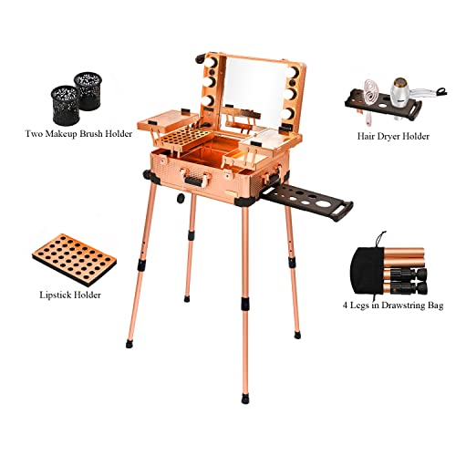 Tense Edano Aluminum Trolley Makeup Train Case With Led Lights Professional Cosmetic Organizer Studio With Speaker, Wheels And Stands Rolling Lighted Makeup Vanity Station For Travel (Rose Gold) #TOP2