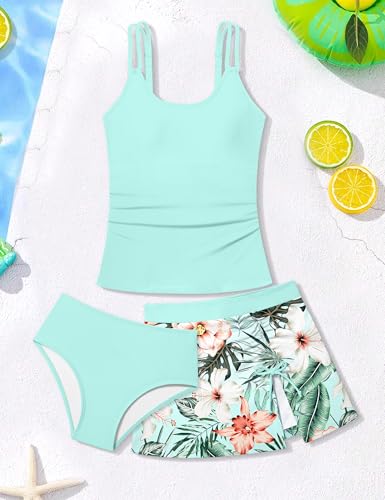 Image of Girls Swimsuit Tropical 3 Piece Tankini Adjustable Strap Bathing Suit Solid Modest Swimwear with Drastring Skirt 9-16y