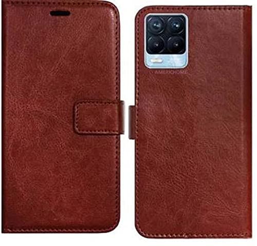 Image of Inside Rubber TPU with Card Pockets Magnetic Closure Protection Compatible with Realme 8, Realme 8 Pro, RMX3081, RMX3085 (Brown)