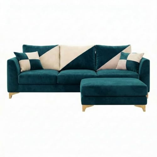 Image of Juliet Rich 4 Seater L Shape Sofa Set with Movable Ottomans | Flexible Layout | Velvet Suede Fabric | Golden Aesthetic Legs | Modern Sofa for Living Room (Greenish Teal)