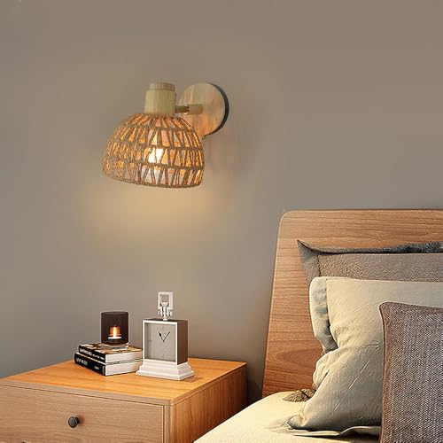 Aplique de pared trenzado de cuerda y madera con interruptor E27 4