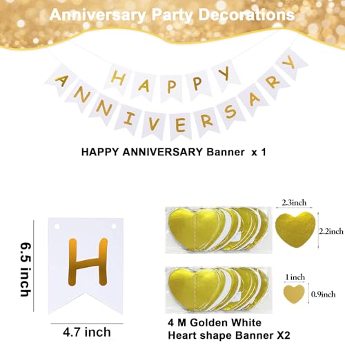 Image of Happy Anniversary Banner Balloons Wedding Love Party and Background Indoor Outdoor Decorations (Gold White Heart)