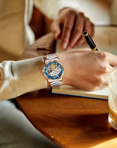 Image of OLEVS Men Automatic Watch Diamond Skeleton Mechanical Luxury Self Winding Moon Phase Calendar Waterproof Wrist Watch for Men
