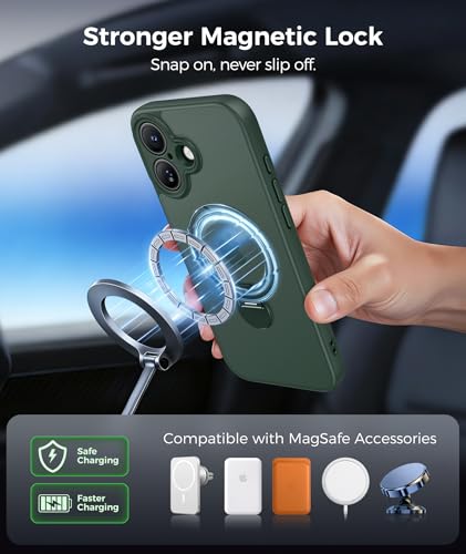 Image of FNTCASE for iPhone 16 Case: [360 Spin Magnetic Stand] [Compatible with Magsafe] [Screen Protector] Translucent Matte Military Grade Shockproof Full Camera Protective Phone Cover - Green