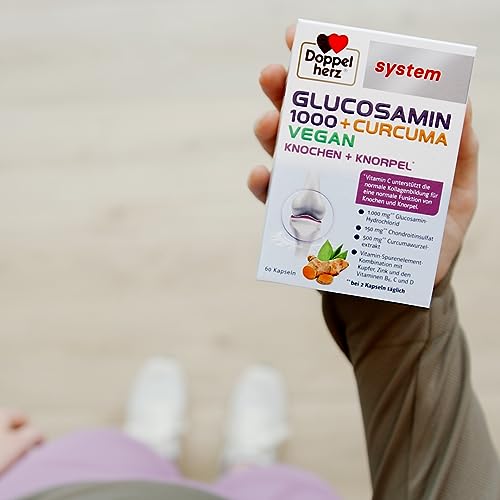 Doppelherz system GLUCOSAMIN 1000 + CURCUMA VEGAN – Vitamin C trägt zur normalen Kollagenbildung für die normale Knorpel- und Knochenfunktion bei – 120 Kapseln