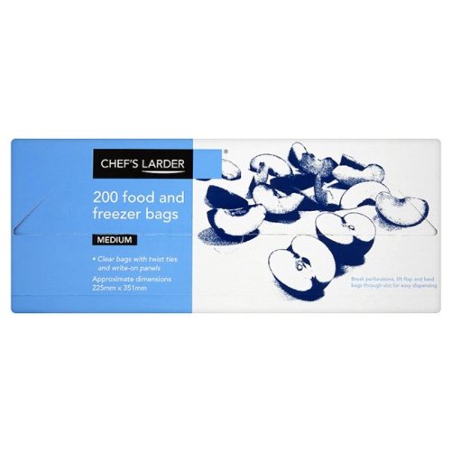 Chefs Larder 200 Clear Food and Freezer Bags Medium with Twist Ties and Write On Panels Approx 225mmx351mm