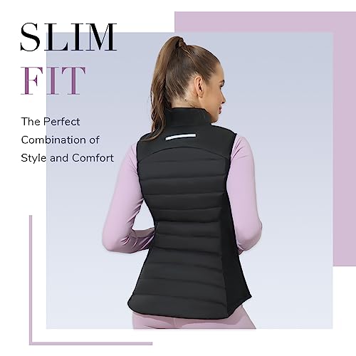 Women’s Puffer Vest Outerwear Lightweight Quilted Vest Sleeveless Jacket With Zipper Pockets Running Golf Black #TOP2