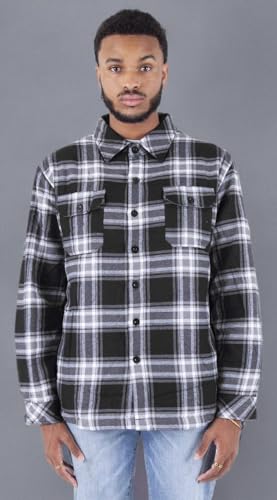 Image of Shaka Wear Men's Plaid Shirts - Flannel Hooded Long Sleeve Casual Button Up Fleece Soft Quilted Lined Hoodie Jacket PFJ02 Black M