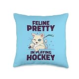 Ice Hockey Sports Cute Cat Playing Ice Hockey Stick Puck Throw Pillow