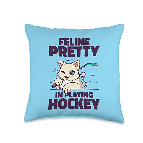 Ice Hockey Sports Cute Cat Playing Ice Hockey Stick Puck Throw Pillow