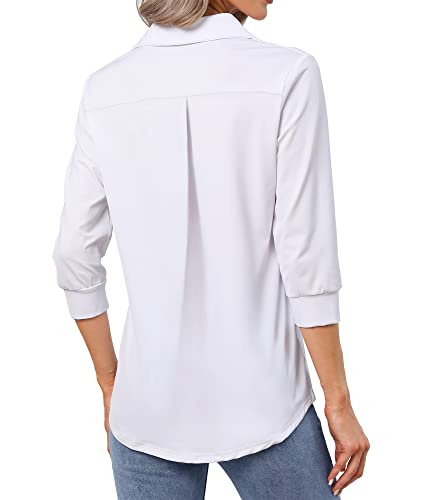 Heat Move Women's Work Blouses Collared V Neck 3/4 Sleeve Shirts Dressy Casual Tunic Loose Tops (White, L) #TOP2