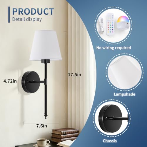 Image of Battery Operated Wall Sconces Set of 2, Wireless Battery Wall Light with 5200mAh Dimmable Bulbs with Remote,RGB15 Colors Wireless Wall Lamps for Bedroom Living Room Hallway Decor-Brass Black