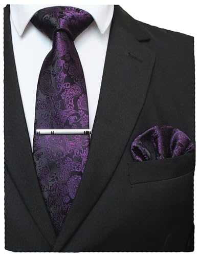 JEMYGINS Purple Paisley Tie Wedding Business Silk Necktie and Pocket Square Hankerchief with Tie Clip Sets for Men(3)