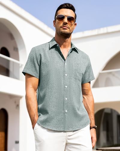 Image of Alimens & Gentle Mens Linen Shirts Short Sleeve Button Down Shirts Wrinkle Free Casual Vacation Beach Summer Tops